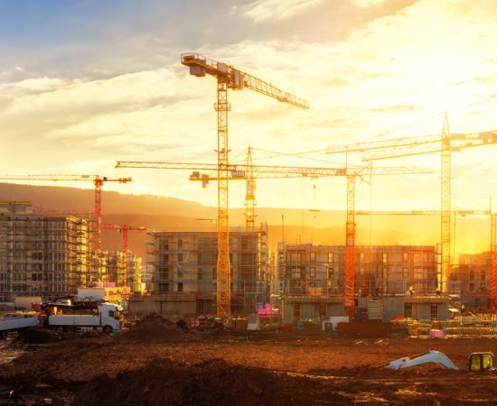 Large construction site including several cranes working on a building complex, illumined by warm gold sunlight